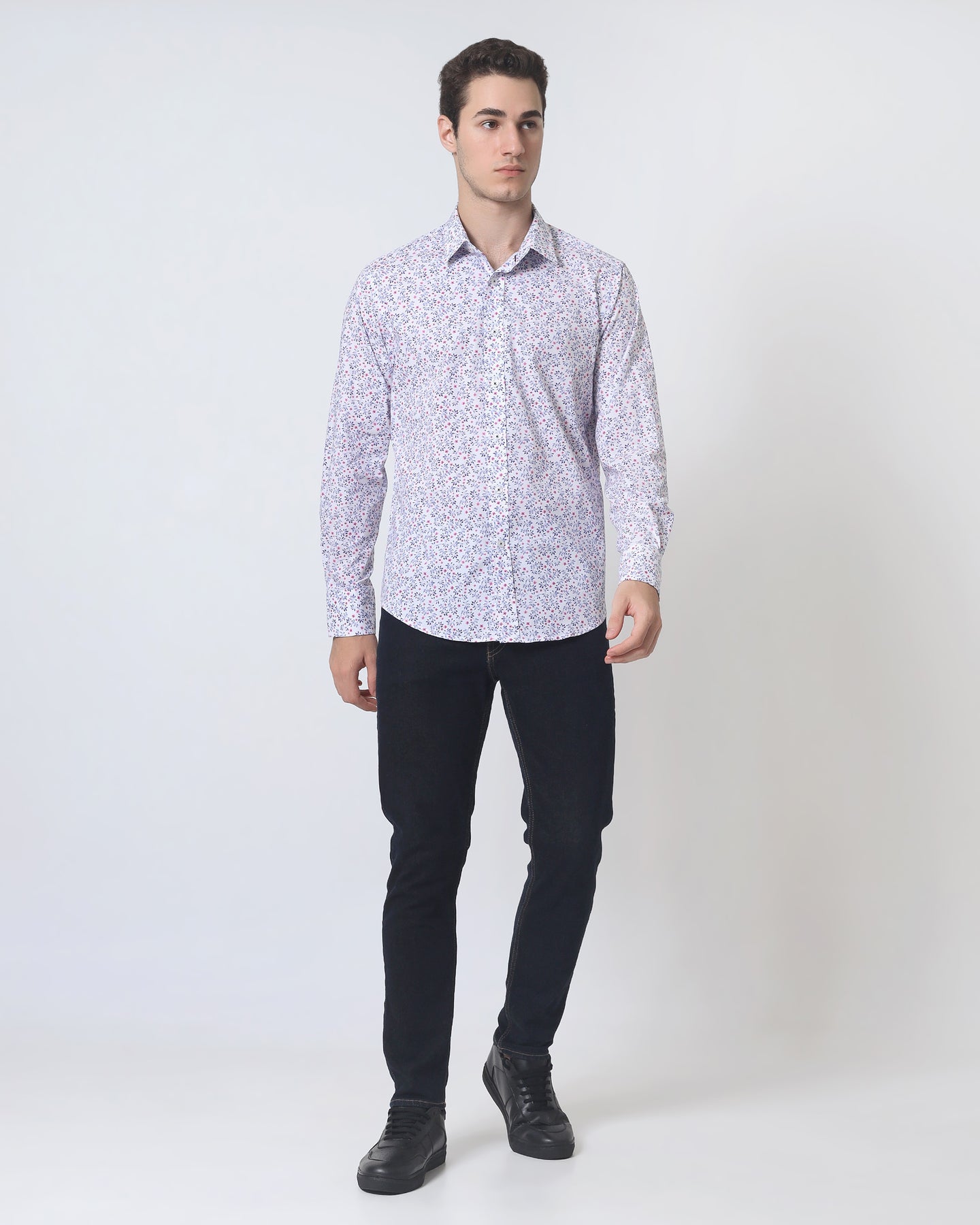 Quieti Modern Fit, Pink Floral Print, Long Sleeve Woven Shirt